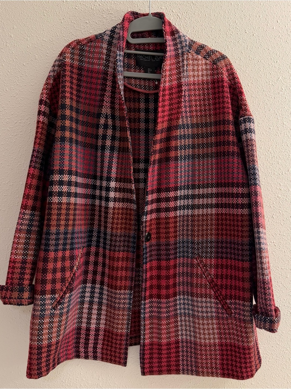 Rachel Zoe Red and Black Plaid Open-Front Pea Coat